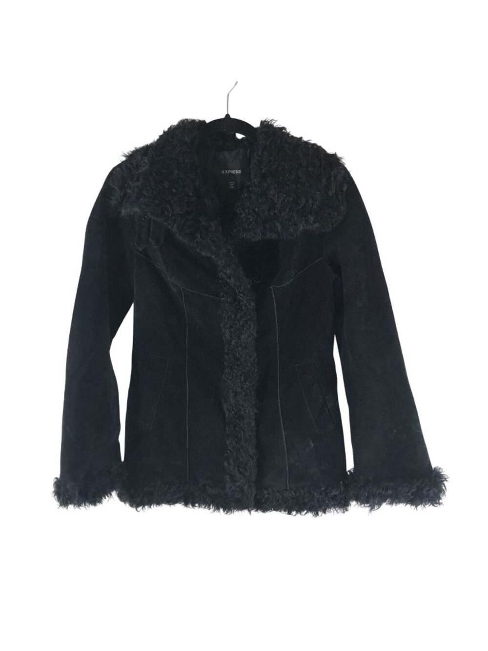 Express Womens Black Suede Leather Lamb Fur Vintage Jacket Penny Lane Y2K XS